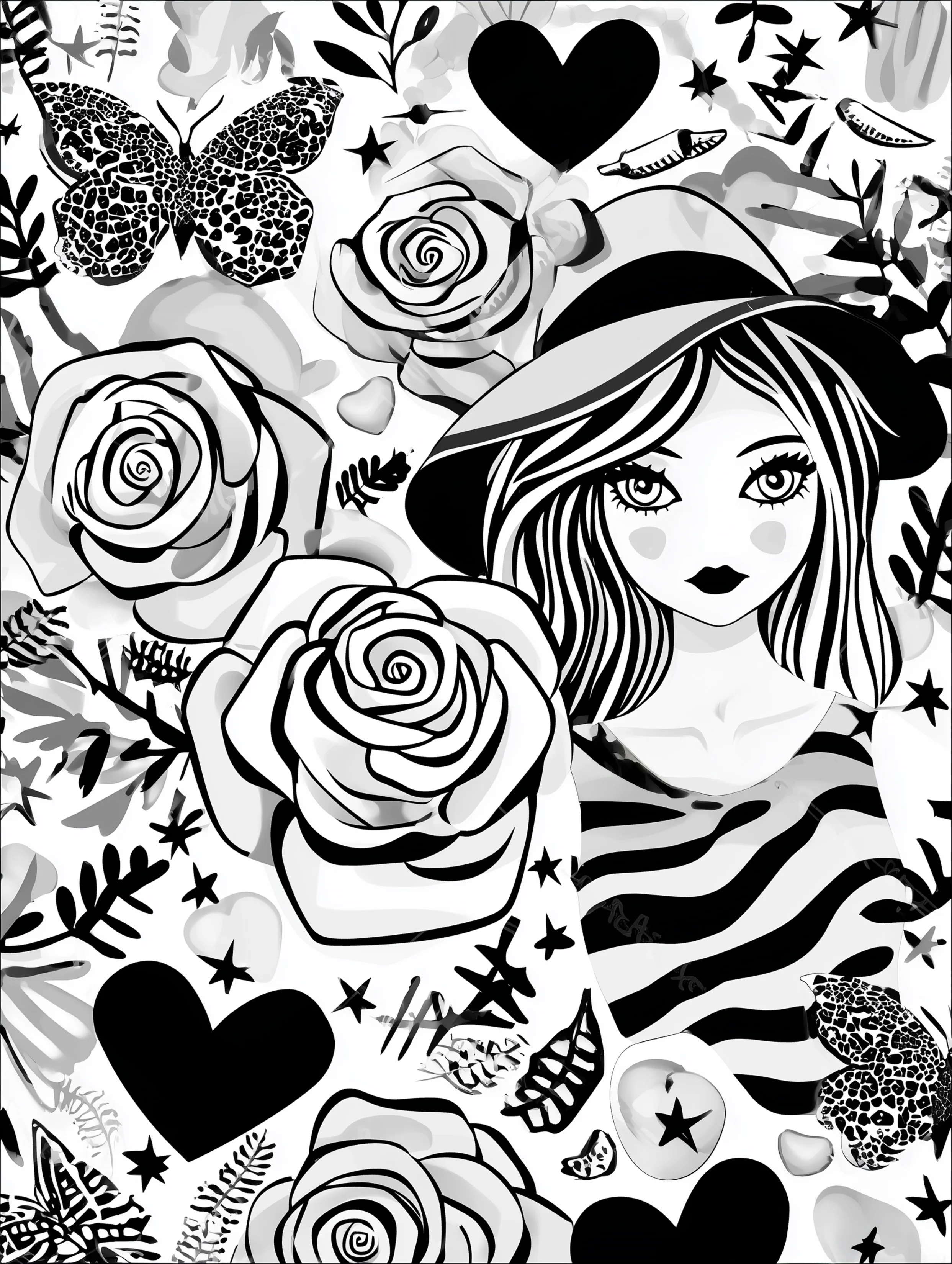 Free printable coloring page for adults featuring a witch lady wearing a zebra floral shirt